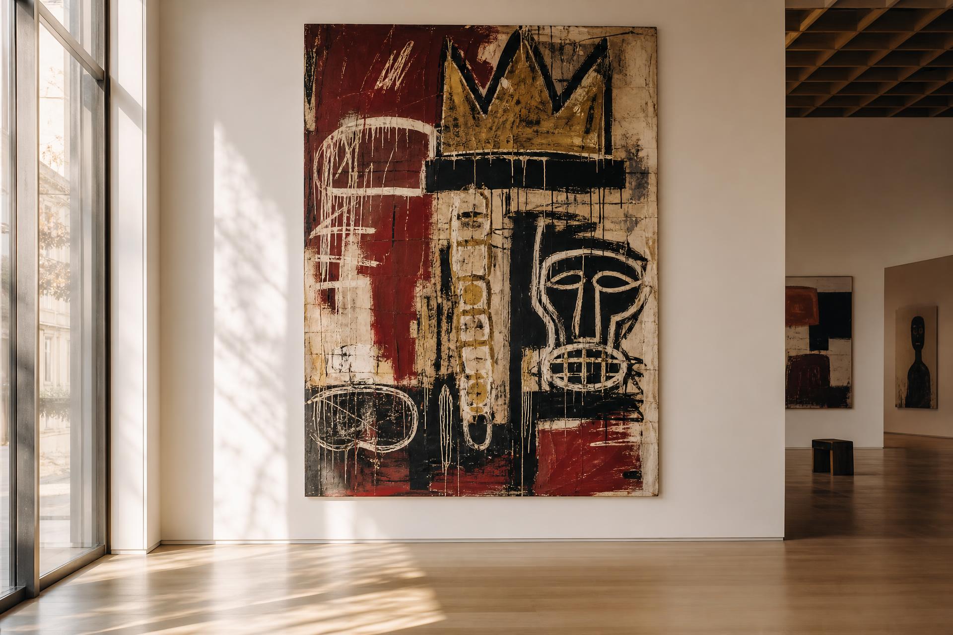 A large 1980s street-art style painting hung in a quiet contemporary gallery