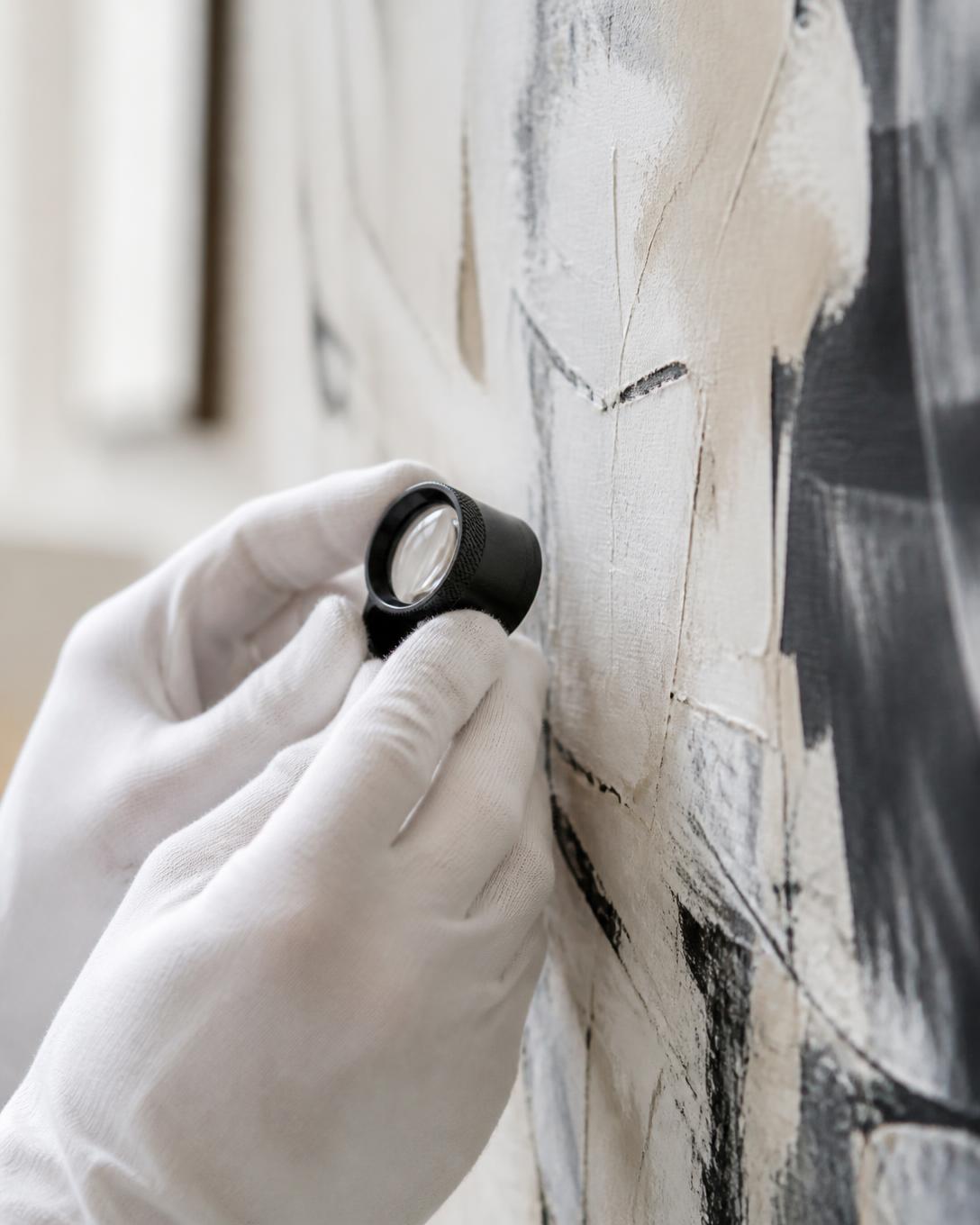 White-gloved hands inspecting a painting's surface with a jeweller's loupe