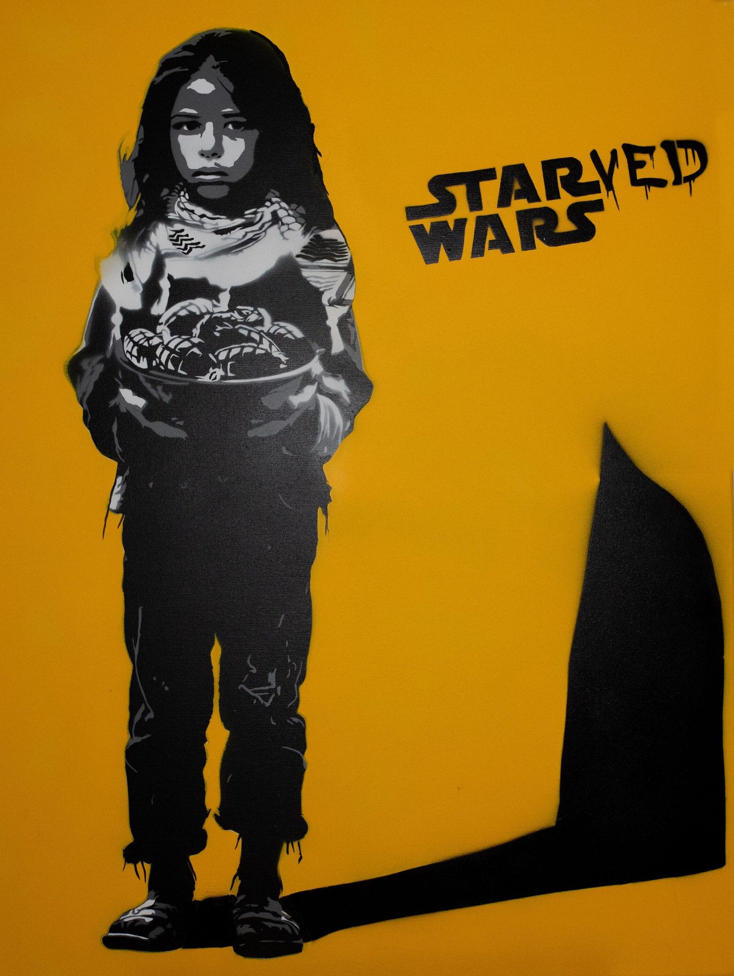 Halima, 9, Starved Wars II — original stencil on canvas artwork by Aidan Phelan, 120 × 120 cm, 2025, War Child Collection 2025, available at Causon Daniels